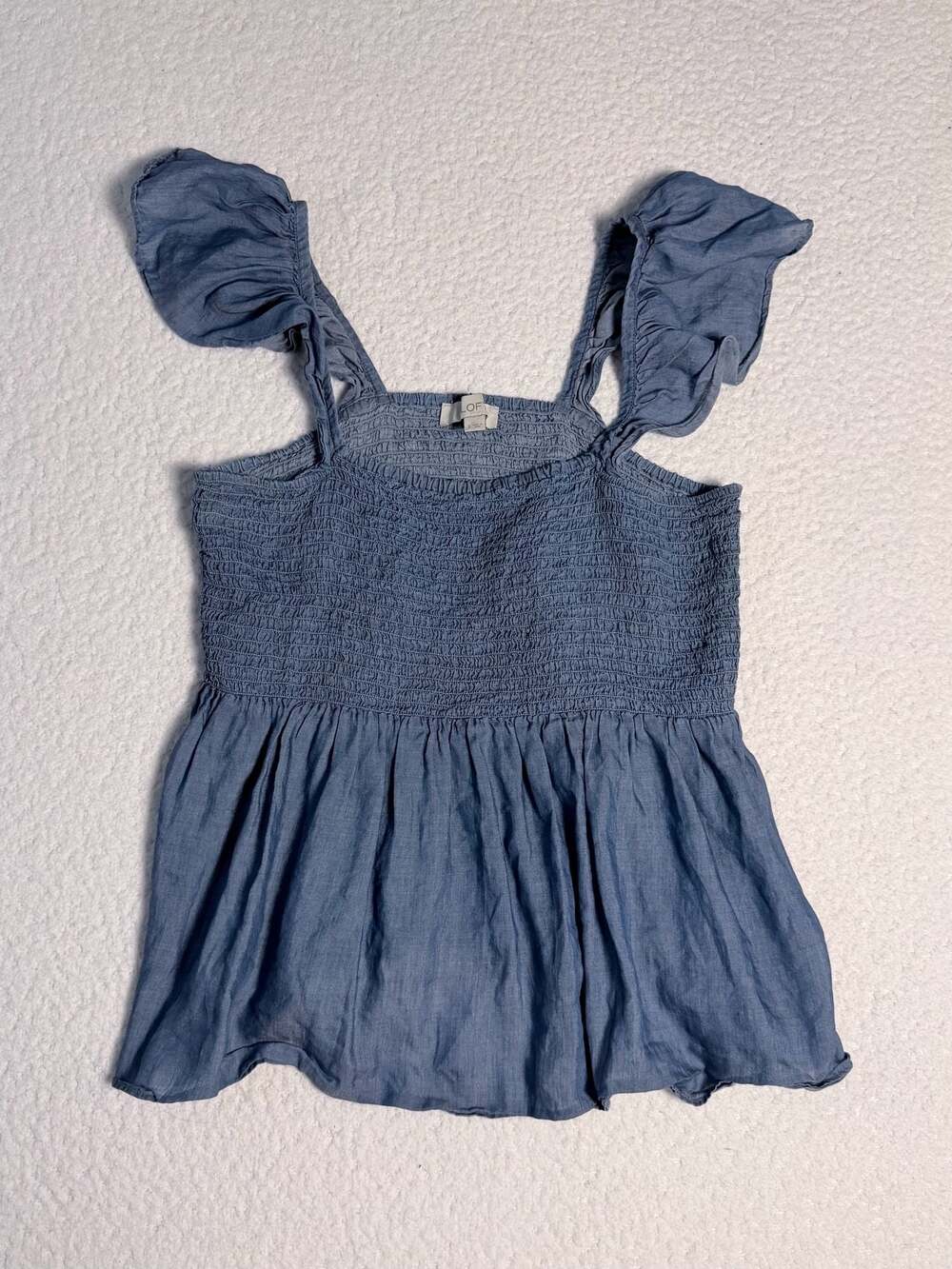 LOFT Chambray Smocked Ruffle Strap Peplum Top Size S